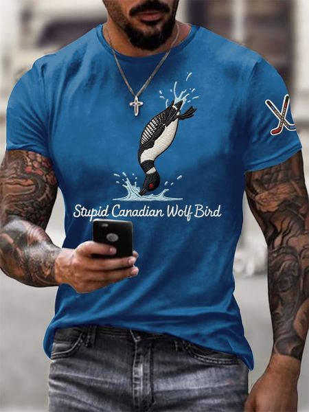 Men's Stupid Canadian Wolf Bird Print T-Shirt