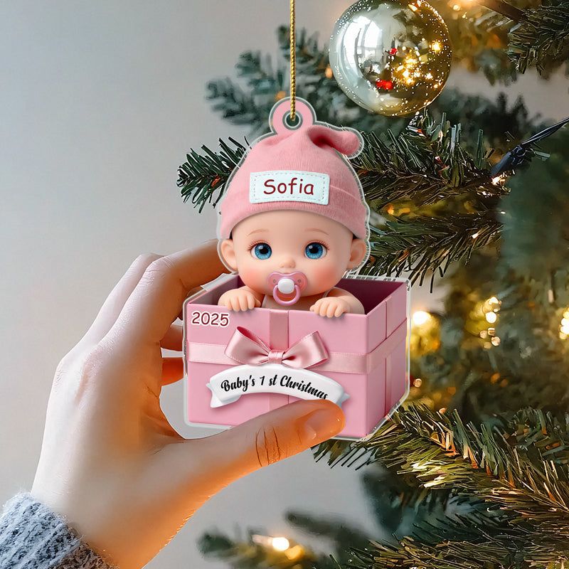 Personalized Baby in Gift Box Acrylic Ornament – Custom Keepsake with Name & Year – First Christmas Gift for Baby & Family