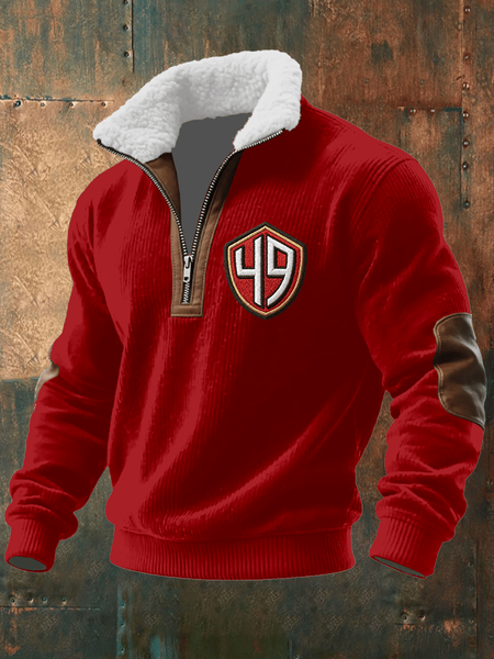 Men's Football Print Knitted Fabric Zipper Fur Collar Long-Sleeved Sweatshirt