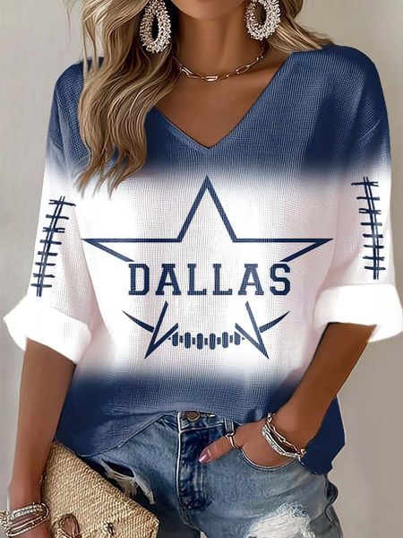 Rugby team color casual Women's Football Print V Neck T-shirt