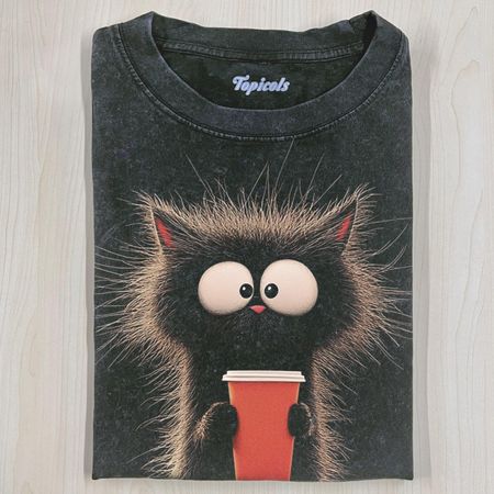 CARICATURE CAT WITH A MUG T-SHIRT