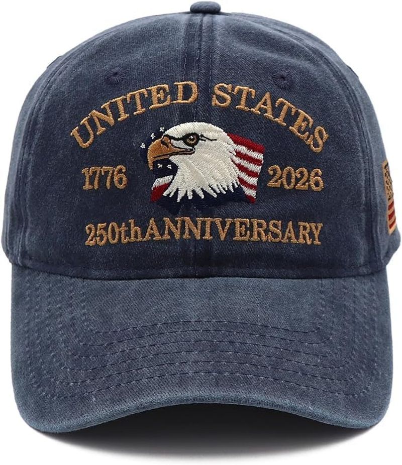 USA 250th Anniversary Hat, Adjustable 250th Anniversary Printed Patriotic Baseball Caps, Tribute Retro Washed Hat