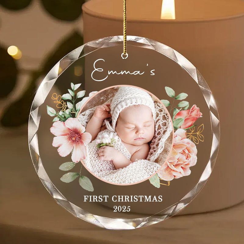 Personalized Baby Photo Ornament – Custom Glass Keepsake for First Christmas 2025 – Floral Gift for Families