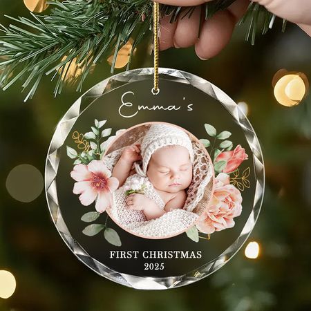 Personalized-Personalized Baby Photo Ornament – Custom Glass Keepsake for First  2025 – Floral Gift for Families