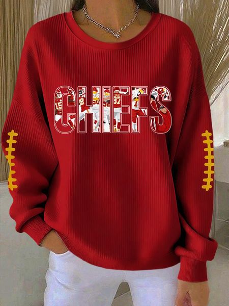 Women's Rugby Print Knit Crew Neck Long Sleeve Top