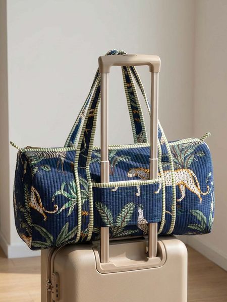 Tropical Leopards And Plants Quilted Duffle Bag