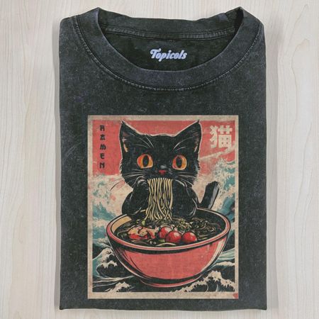 RETRO CAT EATING RAMEN T-SHIRT