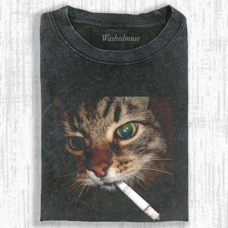 WASHED COTTON CAT T-SHIRT