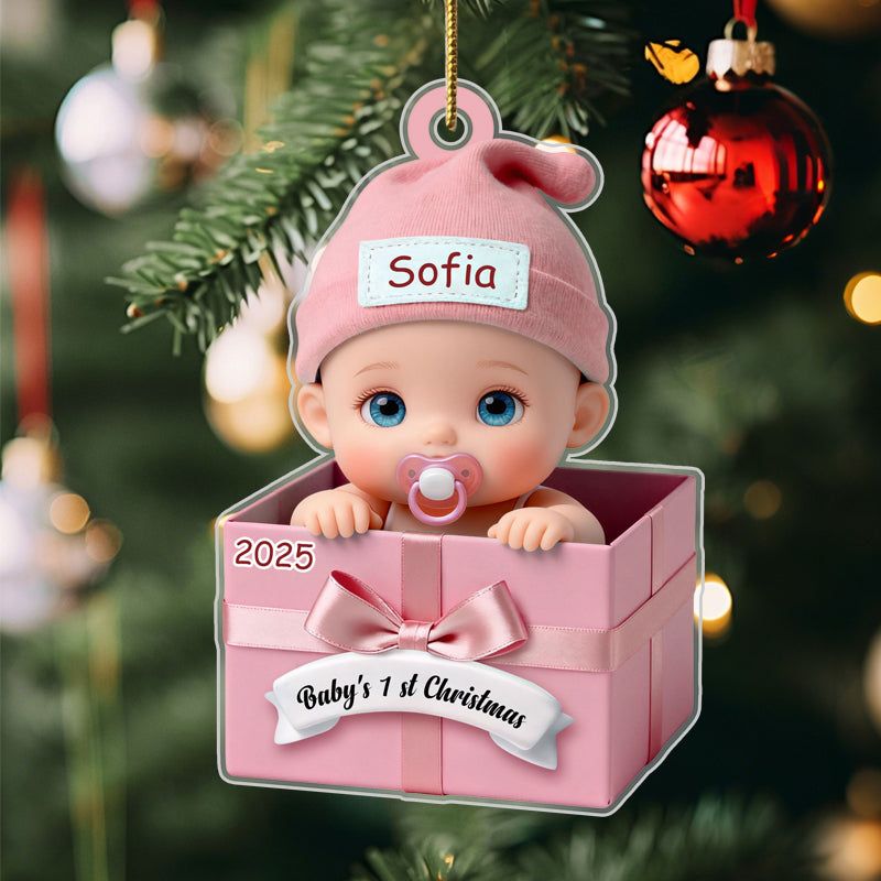 Personalized Baby in Gift Box Acrylic Ornament – Custom Keepsake with Name & Year – First Christmas Gift for Baby & Family