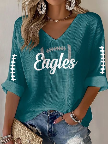 Rugby team color casual Women's Football Print V Neck T-shirt