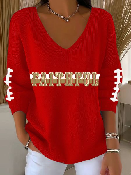 Women's Football Print V-Neck Casual Knitted Sweater