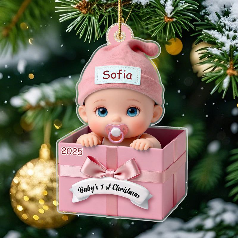 Personalized Baby in Gift Box Acrylic Ornament – Custom Keepsake with Name & Year – First Christmas Gift for Baby & Family