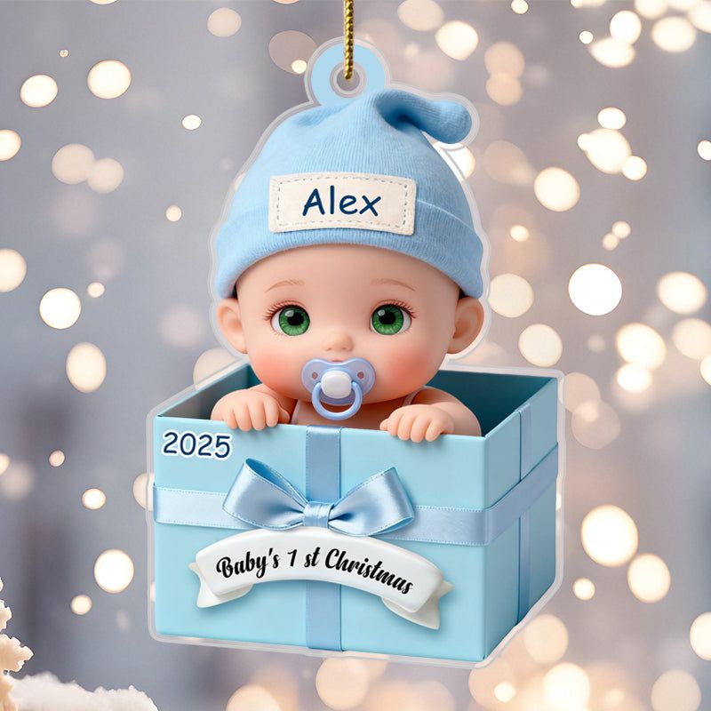 Personalized Baby in Gift Box Acrylic Ornament – Custom Keepsake with Name & Year – First Christmas Gift for Baby & Family