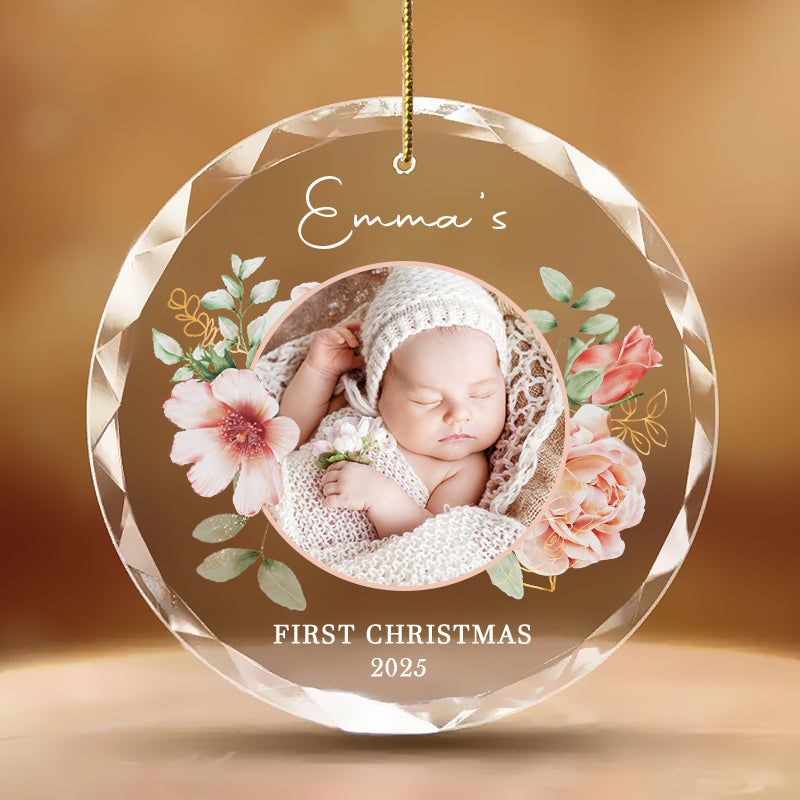Personalized Baby Photo Ornament – Custom Glass Keepsake for First Christmas 2025 – Floral Gift for Families