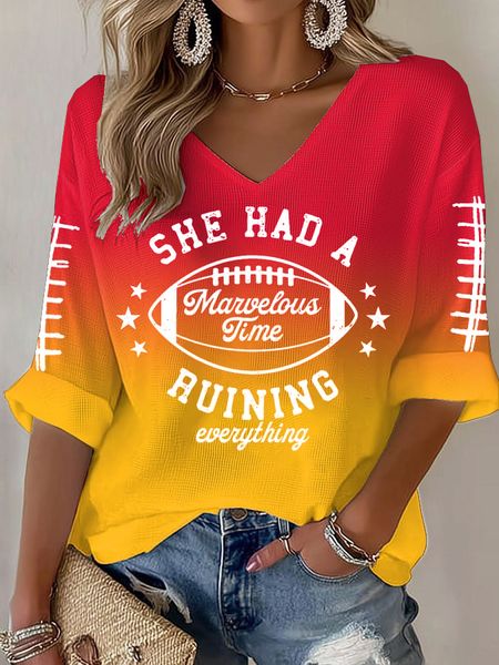 Women's Football Print V Neck T-shirt