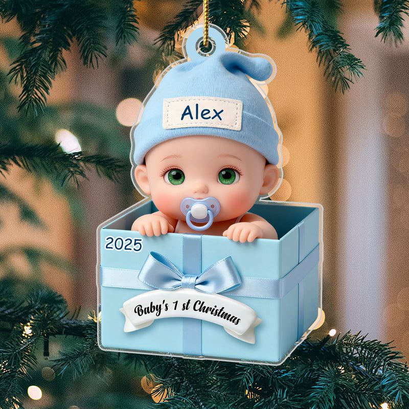 Personalized Baby in Gift Box Acrylic Ornament – Custom Keepsake with Name & Year – First Christmas Gift for Baby & Family
