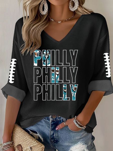 Women's Football Print V Neck T-shirt