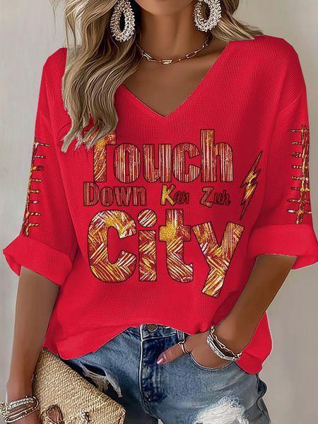 Women's Football Print V Neck T-shirt