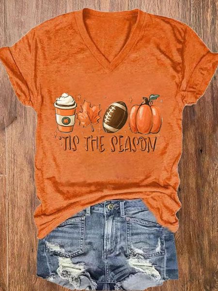 Women's Tis The Season Football Fall Pumpkin Drinking Maple Leaf Print V-Neck T-Shirt