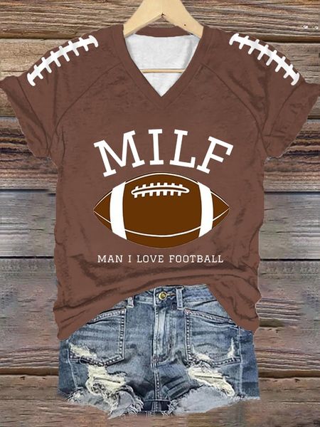 Women's MILF Man I Love Football Gameday Casual V-Neck Tee