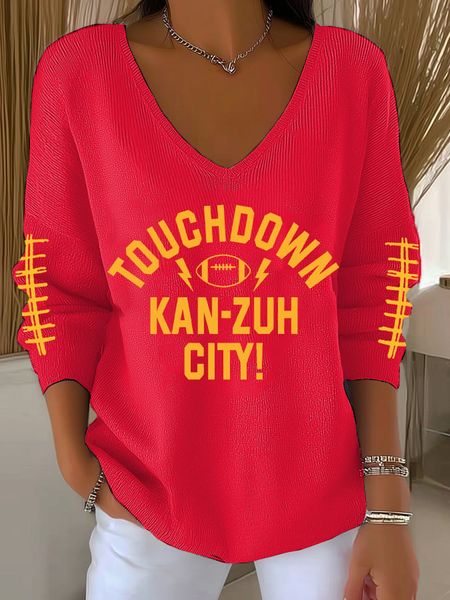 Women's Football Print V Neck Sweater