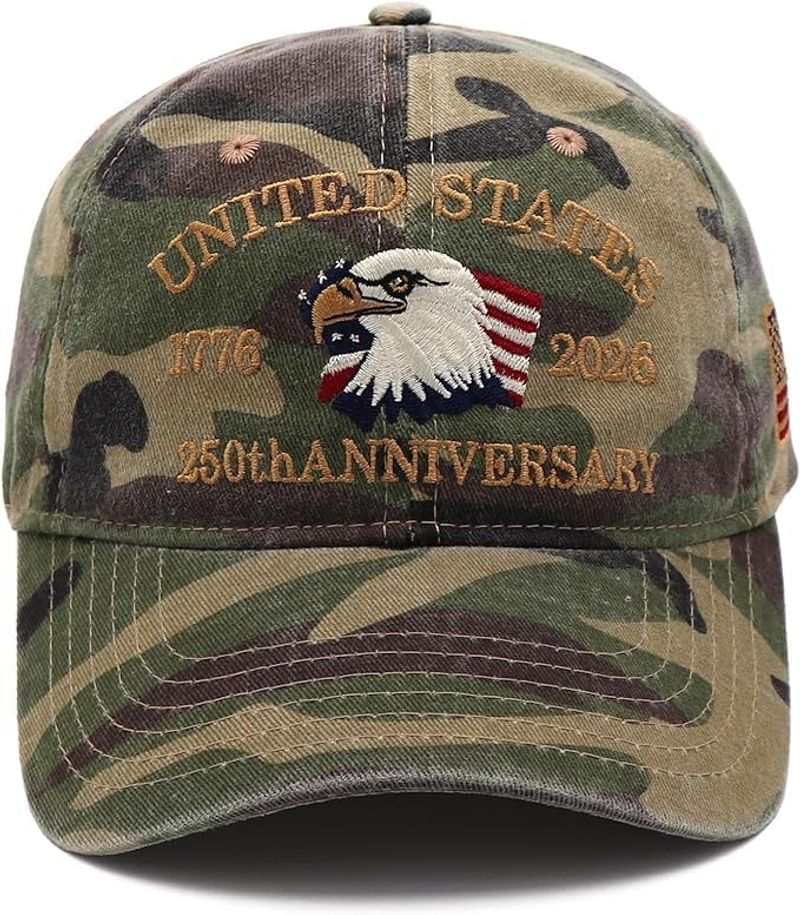 USA 250th Anniversary Hat, Adjustable 250th Anniversary Printed Patriotic Baseball Caps, Tribute Retro Washed Hat