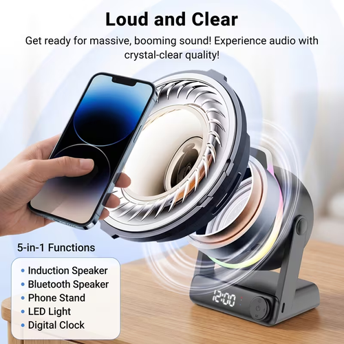 5-In-1 Wireless Induction Speaker with Phone Stand
