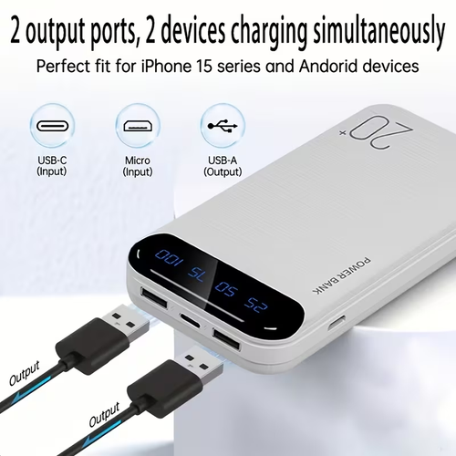 Large Capacity Portable Power Bank 20000mAh, 5V2.1A Portable USB Charger, LED and Digital Display Screen, Suitable for IOS Android Devices, 2xUSB Output, Type-C Micro Input, Safe and Stable Polymer Lithium Battery