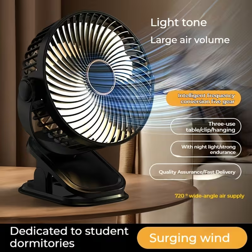 Ultra-quiet Portable Mini Fan with 5-speed Ambient Night Light - USB Rechargeable