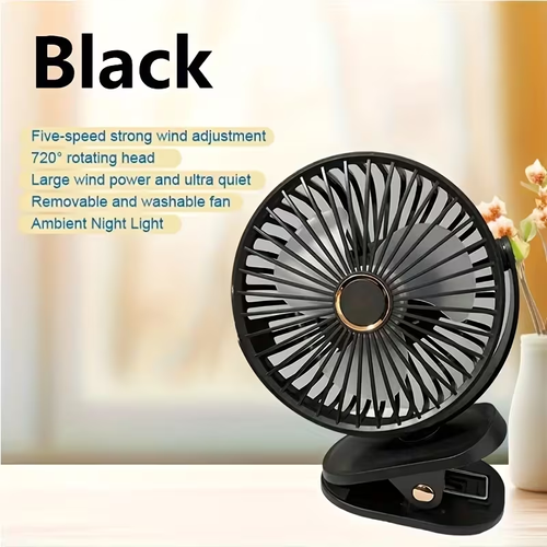 Ultra-quiet Portable Mini Fan with 5-speed Ambient Night Light - USB Rechargeable