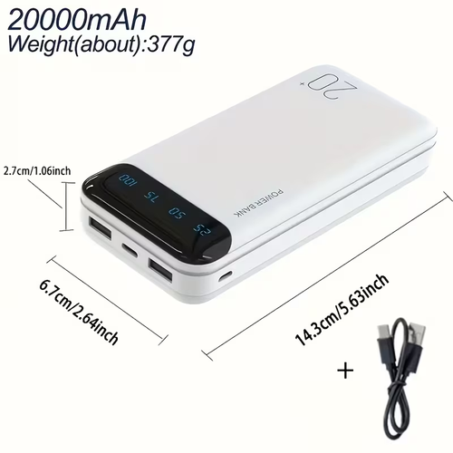 Large Capacity Portable Power Bank 20000mAh, 5V2.1A Portable USB Charger, LED and Digital Display Screen, Suitable for IOS Android Devices, 2xUSB Output, Type-C Micro Input, Safe and Stable Polymer Lithium Battery
