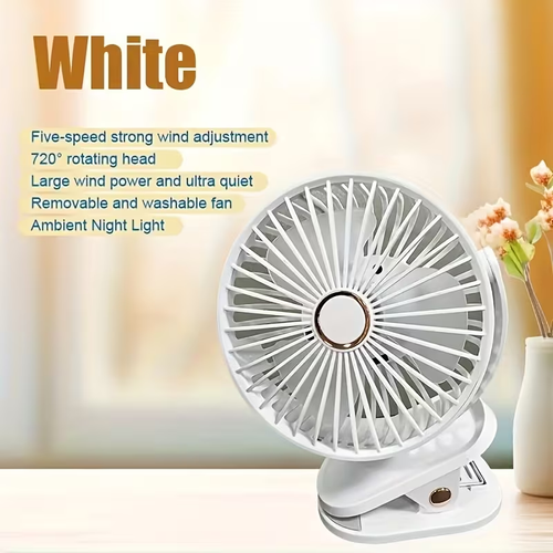 Ultra-quiet Portable Mini Fan with 5-speed Ambient Night Light - USB Rechargeable