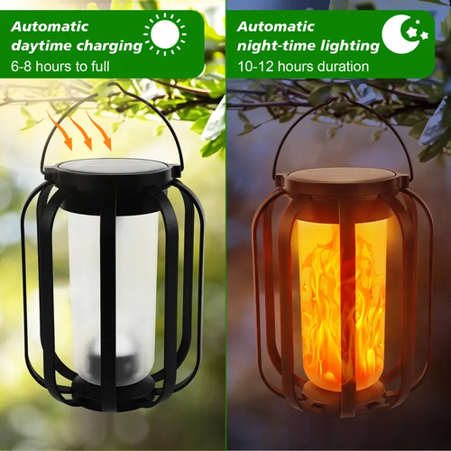 Flame Garden Light Solar Lanterns Outdoor with Ultra Realistic Flame Effect, Dual Charging Solar and USB Powered Hanging Lantern Lights with 4 Lighting Modes, Waterproof Decorative Lights for Patio Porch Garden Yard Table and Outdoor Decor