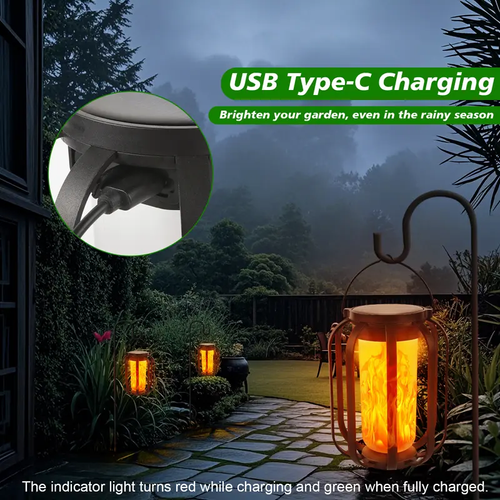Flame Garden Light Solar Lanterns Outdoor with Ultra Realistic Flame Effect, Dual Charging Solar and USB Powered Hanging Lantern Lights with 4 Lighting Modes, Waterproof Decorative Lights for Patio Porch Garden Yard Table and Outdoor Decor