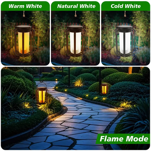Flame Garden Light Solar Lanterns Outdoor with Ultra Realistic Flame Effect, Dual Charging Solar and USB Powered Hanging Lantern Lights with 4 Lighting Modes, Waterproof Decorative Lights for Patio Porch Garden Yard Table and Outdoor Decor