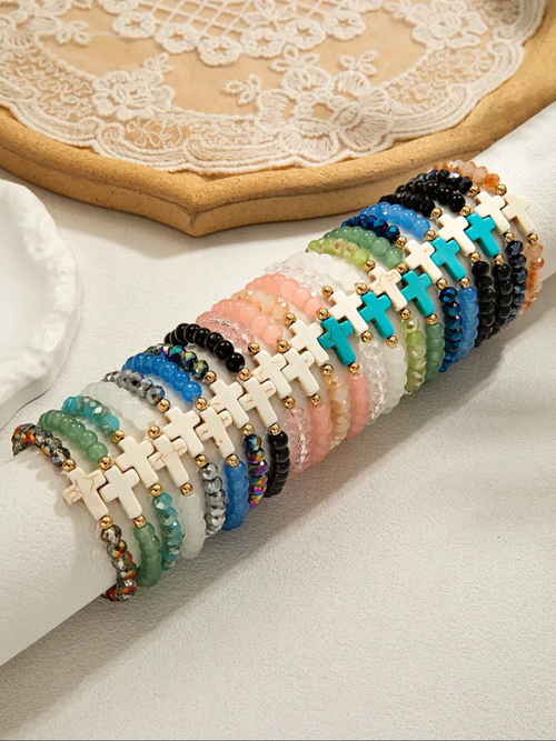 Boho Style Colorful Faceted Glass Beaded Bracelet Set, Stackable Bracelets, Turquoise-Color Cross Accent, Women's Jewelry for Daily Wear, Ideal Gifts, Stacked Design Bracelets