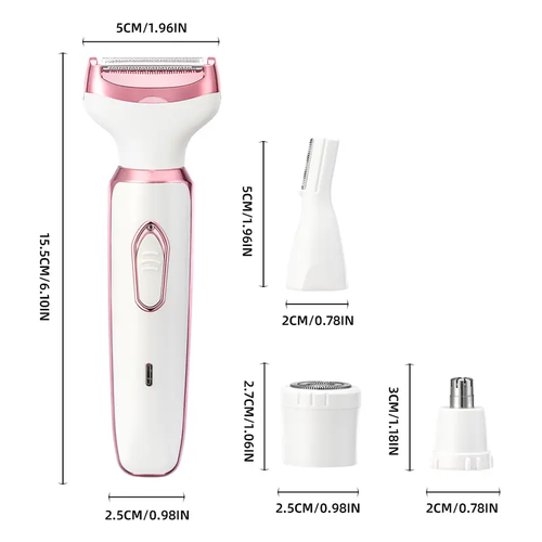 4-in-1 Comfortable Pink Electric Shaver for Women - Body Hair Removal Epilator with Nose, Armpit Grooming, Eyebrow Length Trim, Face & Pubic Area Care - Mother's Day Gift