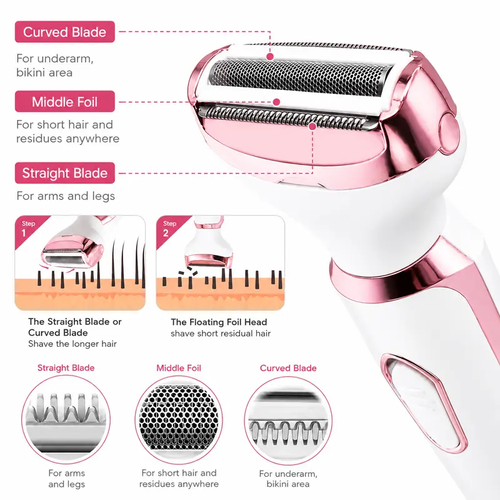 4-in-1 Comfortable Pink Electric Shaver for Women - Body Hair Removal Epilator with Nose, Armpit Grooming, Eyebrow Length Trim, Face & Pubic Area Care - Mother's Day Gift