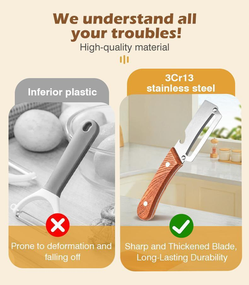 2Pcs 2 in 1 Wooden Handled Veggie Peeler   Stainless Steel Blade, Built In Opener, Ergonomic Design, Durable Kitchen Utensil for Easy Pumpkin Peel, Daily Cooking Multifunctional Manual Gadget, Kitchen Peeling Utensils,sohochic