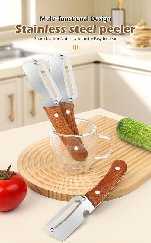 2Pcs 2 in 1 Wooden Handled Veggie Peeler   Stainless Steel Blade, Built In Opener, Ergonomic Design, Durable Kitchen Utensil for Easy Pumpkin Peel, Daily Cooking Multifunctional Manual Gadget, Kitchen Peeling Utensils,sohochic