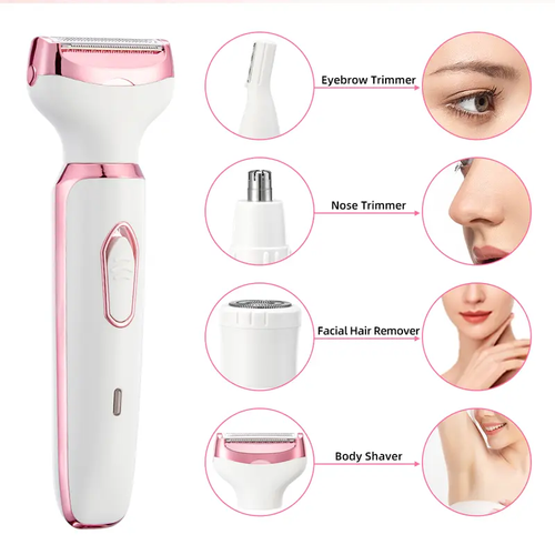 4-in-1 Comfortable Pink Electric Shaver for Women - Body Hair Removal Epilator with Nose, Armpit Grooming, Eyebrow Length Trim, Face & Pubic Area Care - Mother's Day Gift
