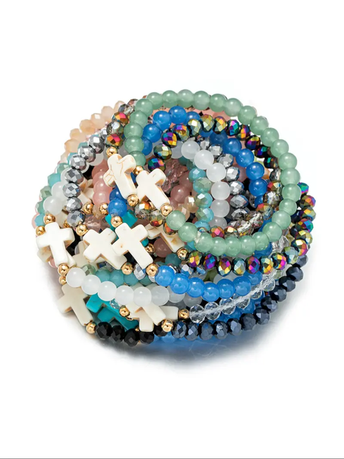 Boho Style Colorful Faceted Glass Beaded Bracelet Set, Stackable Bracelets, Turquoise-Color Cross Accent, Women's Jewelry for Daily Wear, Ideal Gifts, Stacked Design Bracelets