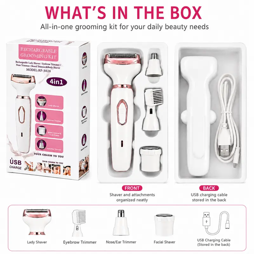 4-in-1 Comfortable Pink Electric Shaver for Women - Body Hair Removal Epilator with Nose, Armpit Grooming, Eyebrow Length Trim, Face & Pubic Area Care - Mother's Day Gift