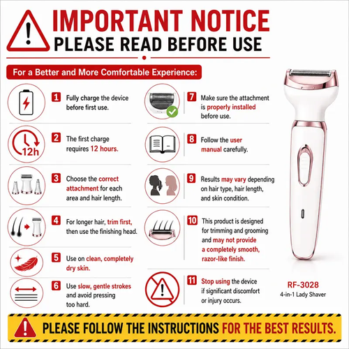 4-in-1 Comfortable Pink Electric Shaver for Women - Body Hair Removal Epilator with Nose, Armpit Grooming, Eyebrow Length Trim, Face & Pubic Area Care - Mother's Day Gift