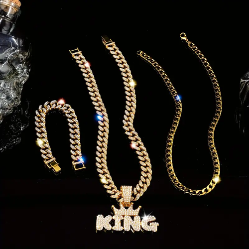 Punk Hip Hop Crown Letter KING Pendant Cuban Chain Necklace Bracelet (3 Pcs)