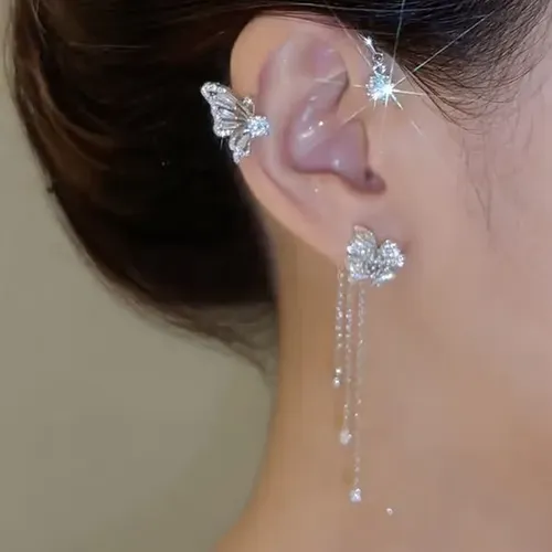 Butterfly flower tassel shiny zirconium gold pair of earrings