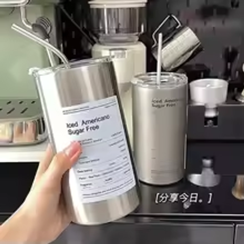 ☕24H Insulated Cup 600ml Stainless Steel Cup | Leak-proof Travel Cup | With Straw and Lid    Silver