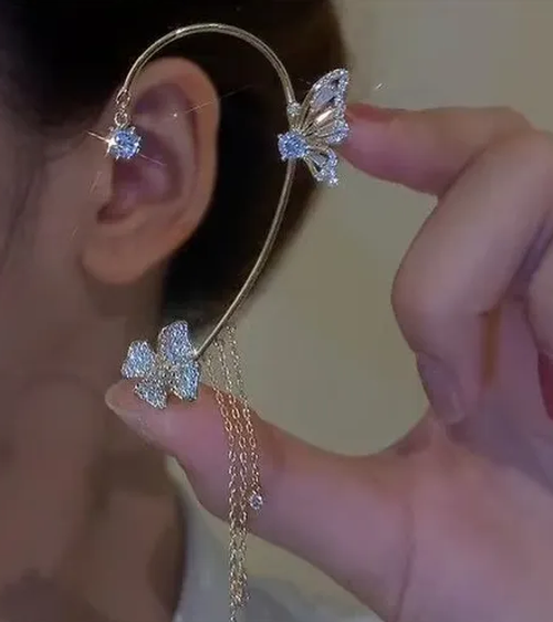 Butterfly flower tassel shiny zirconium gold pair of earrings