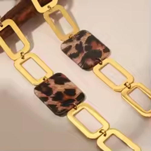 Women's Fashion Square Necklace Acrylic Leopard Print Stainless Steel Long Chain Sweater Chain Luxury Jewelry Gift