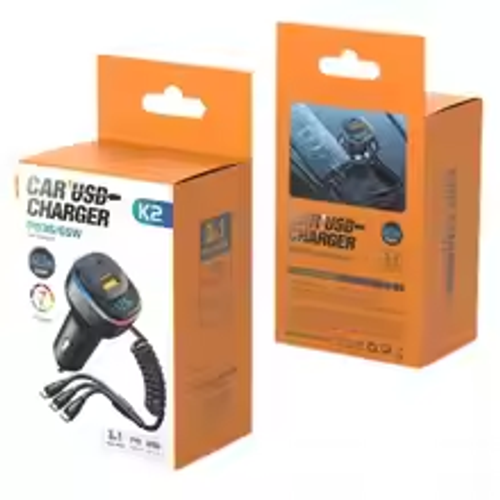 ​K2 Car Charger · Retractable 3-in-1 Cable · 7-Color LED Light